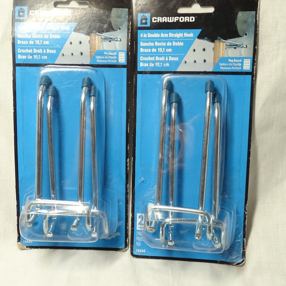 Crawford 4" DOUBLE-ARM STRAIGHT HOOK 2x 2 pc For Peg Board Steel 14444 NEW!!